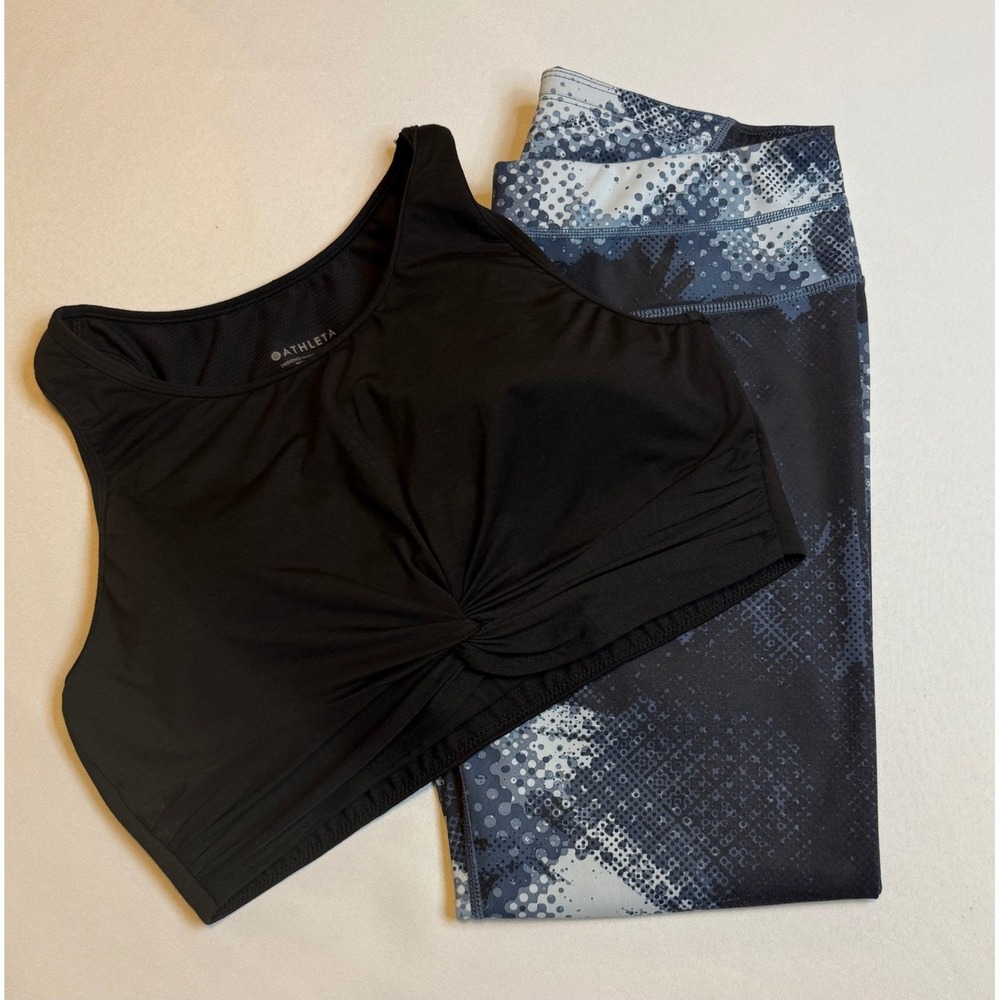 Athleta Black Tank with Black & Gray Printed Capris